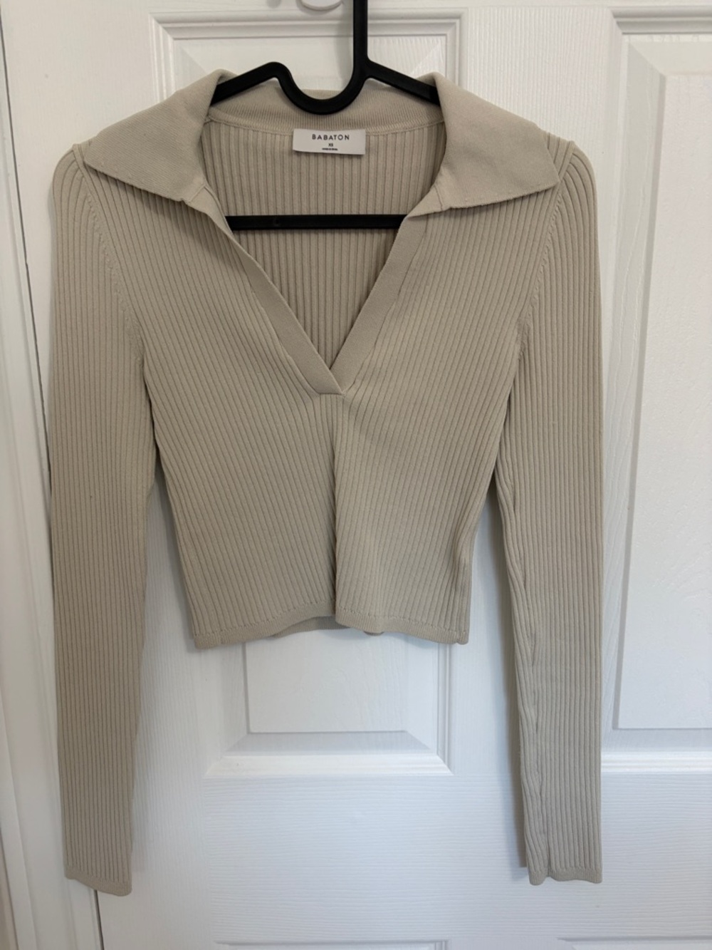 Babaton Beige Ribbed V-Neck Long Sleeve Top